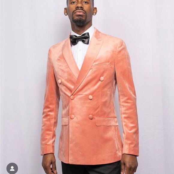 Topman slim double breasted six button velvet blazer in pink - Picture 3 of 11